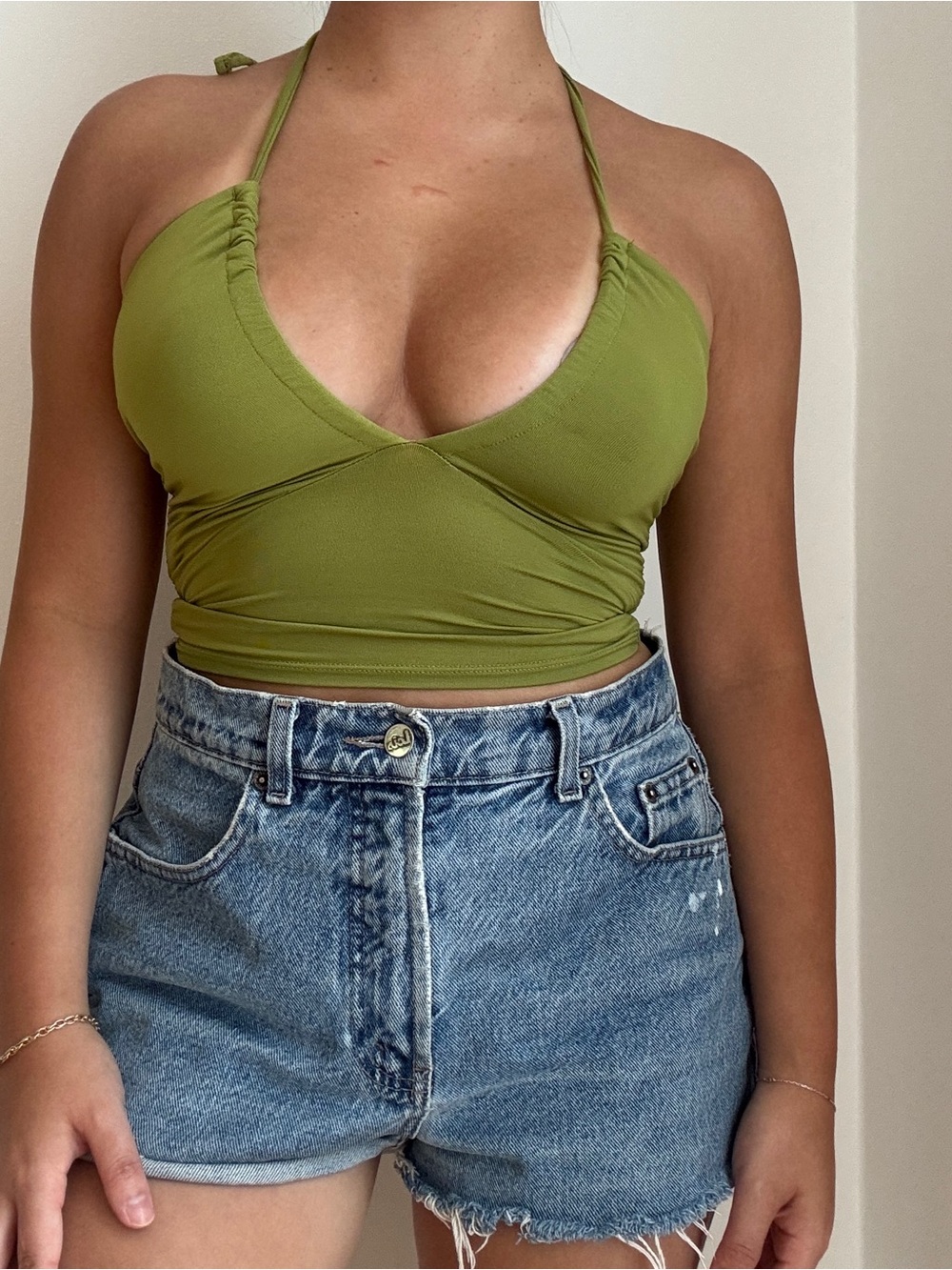 Glassons Olive Green Ruched Halter Crop Top